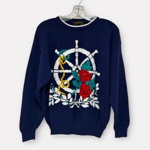 Eddie Bauer Vintage 90's Navy Nautical Ship Sailing Crew Neck Sweater Size L